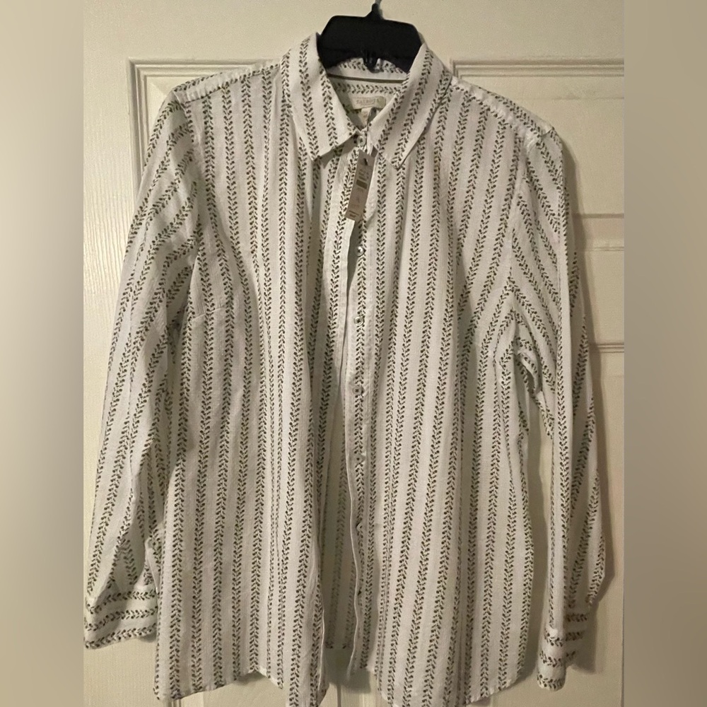 🌿✨ Talbots Petite Button Up Blouse PL | White & Green Vine Stripe Top 👔🤍 NWT 🌿